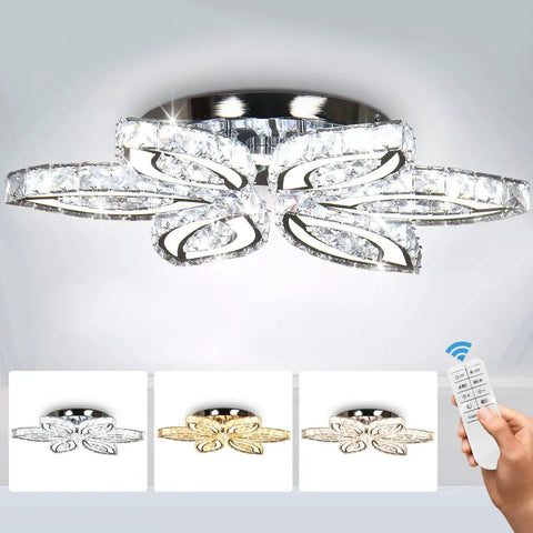 20 Inch Dimmable Modern Crystal Chandelier With LED Flower Design, K9 Crystal Pendant Ceiling Light in three light tones