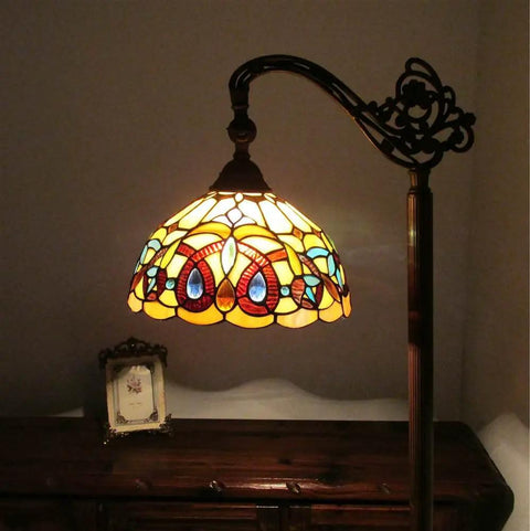 Tiffany Style Victorian Reading Floor Lamp with Handcrafted Stained Glass 11 Inch Wide 1 Light Downlight Foot Switch glowing.