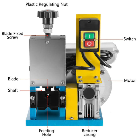 Gotta Love This Awesome Automatic Wire Stripping Machine That Handles 1.5 To 25Mm Cables Like A Champ With Its Super Fast 180W Motor showing motor, switch, and blade detail.