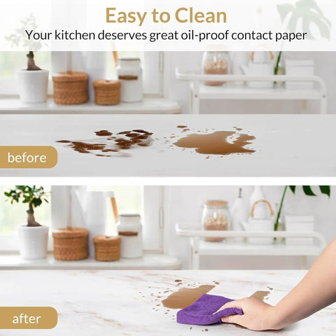 Marble Peel And Stick Countertop Wallpaper 35.4 By 78.7 Inches Waterproof Self Adhesive Roll shown being cleaned easily