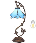 Blue Tiffany Style Stained Glass Table Lamp With Metal Leaf Base, 21 Inch Tall, Desk Reading Light, Bronze Finish, S701 Series, UL Listed