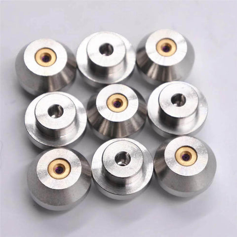 Nine silver waterjet orifice nozzles with brass inserts, metal tooling components