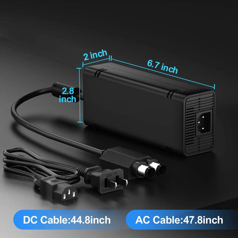 Xbox 360 Slim Power Supply Replacement With Dope Quiet Cooling Fan AC Adapter For Xbox 360 Slim Console Non OEM Replacement Boosted Cooling And Smooth Performance Easy Plug And Play, black PSU with AC and DC cables