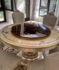Heavy Duty Tempered Glass Lazy Susan Roller Tray Matte Black 31 Inch Round Dining Table Spinner on ornate table.