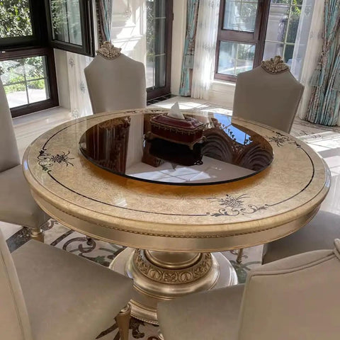 Heavy Duty Tempered Glass Lazy Susan Roller Tray Matte Black 31 Inch Round Dining Table Spinner on ornate table.