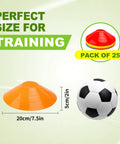 Set Of 25 Multicolor Agility Cones With Carry Bag for training shown with soccer ball, size 20cm x 5cm