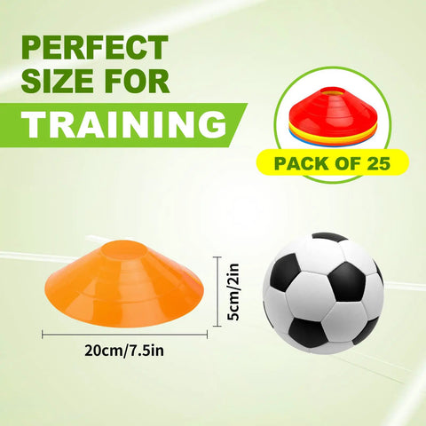 Set Of 25 Multicolor Agility Cones With Carry Bag for training shown with soccer ball, size 20cm x 5cm