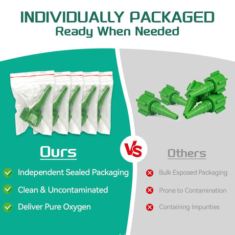 Five Pack Oxygen Tubing Swivel Connectors individually packaged, green plastic oxygen barb fittings for concentrators