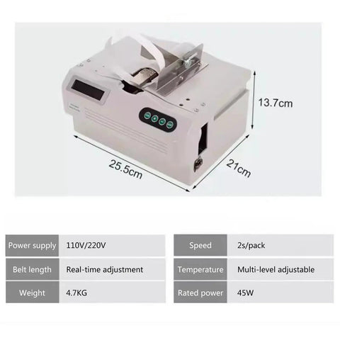 Compact Automatic Paper Strapping Machine With Counting Function for albums medicine boxes food and cards, shown with dimensions