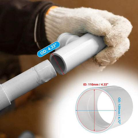 Twenty Pack Heavy Duty White Pvc Pipe Fitting Coupling Adapters Four Inch By Three Eighths For Plumbing Hydraulics And Pneumatic Systems shown with OD measured at 4.33 inches.