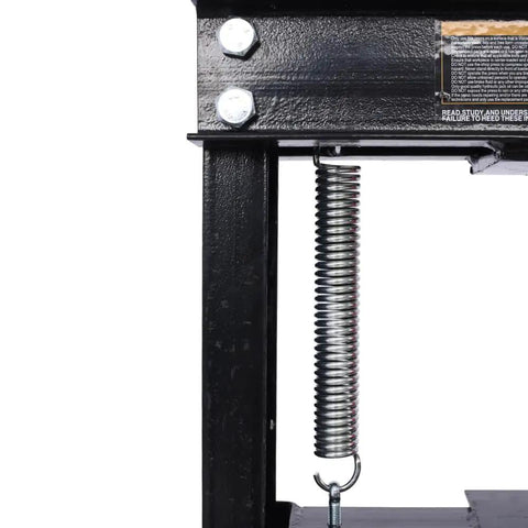 Side view of Beefy 12 Ton Hydraulic Shop Press With Floor Mount H Frame Adjustable Table Height And Press Plates For Bending Straightening