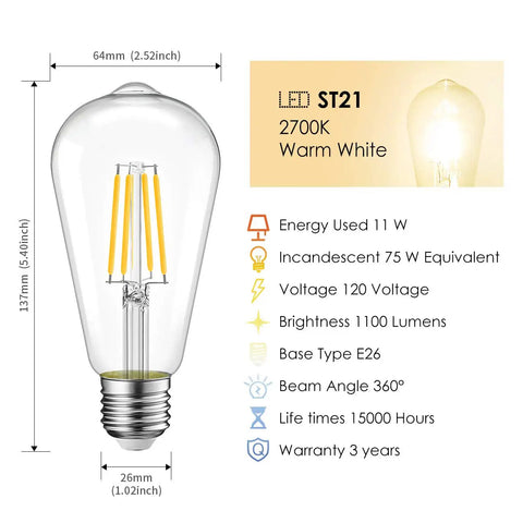 Diagram showing Six Pack Vintage Edison LED Bulbs ST64 Dimmable 11W 1100 Lumens 2700K Warm White E26 Medium Base Clear Glass measurements