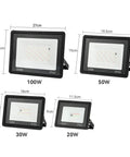 JUDYSSY RGB Led Floodlight Ac220 in 20W, 30W, 50W, 100W sizes showing dimensions for outdoor use, IP66 waterproof design.