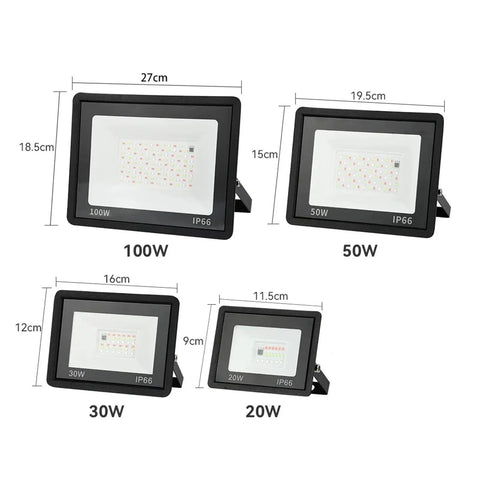 JUDYSSY RGB Led Floodlight Ac220 in 20W, 30W, 50W, 100W sizes showing dimensions for outdoor use, IP66 waterproof design.
