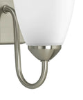 Close-up of the Gather Collection Three Light Bath Vanity Light with etched glass shade and brushed nickel finish, side view