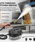 Powerful 2500W Handheld High Temperature Pressurized Steam Cleaner removing kitchen grease with nozzle and hose