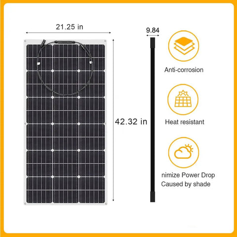 Ultimate 200W Solar Panel Kit For RV Boat Cabin Car Trailer With 12V System Flexible 100W Monocrystalline Panels dimensions and features