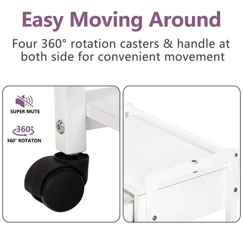 Close-up of Rolling Salon Trolley Cart With Wheels And Two Open Trays Plus A Drawer Wooden Mobile Storage Station's 360° wheels.