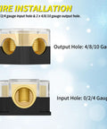 12V Car Audio Power Distribution Block 2 Way Ground Splitter With 0/2/4 Gauge In And 4/8/10 Gauge Out, Amp Distribution Block For Marine Auto Boat Setup, Durable Shielded Cover Included, brass terminal close-up