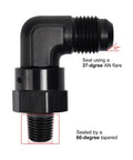 6AN Male Flare To 1/8 NPT 90 Degree Swivel Fitting Adapter Aluminum Black For High Performance Race-Ready Fuel Or Oil Lines AN To NPT Connector, 1500 PSI, -40F To 250F, 37 Degree AN Seal To 60 Degree NPT Seal, 90-degree elbow