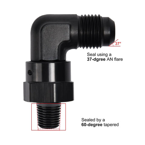 6AN Male Flare To 1/8 NPT 90 Degree Swivel Fitting Adapter Aluminum Black For High Performance Race-Ready Fuel Or Oil Lines AN To NPT Connector, 1500 PSI, -40F To 250F, 37 Degree AN Seal To 60 Degree NPT Seal, 90-degree elbow