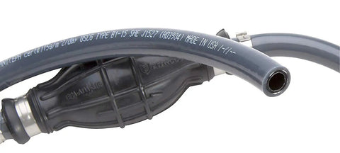 Close-up of Universal Marine Fuel Line Kit with six-foot three-eighths inch hose and primer bulb, showing sprayless connector and tank fitting.