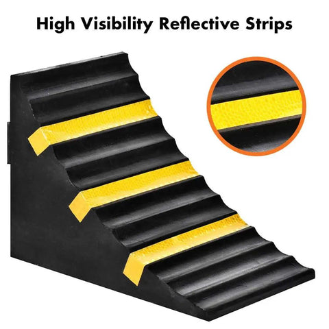 Two Pack Heavy Duty Extra Large Solid Rubber Wheel Chocks With Portable Handle For Travel Trailer, Truck, RV And Commercial Vehicles Keeps Wheels In Place On Driveways, Ramps And Campsites with high visibility reflective strips.