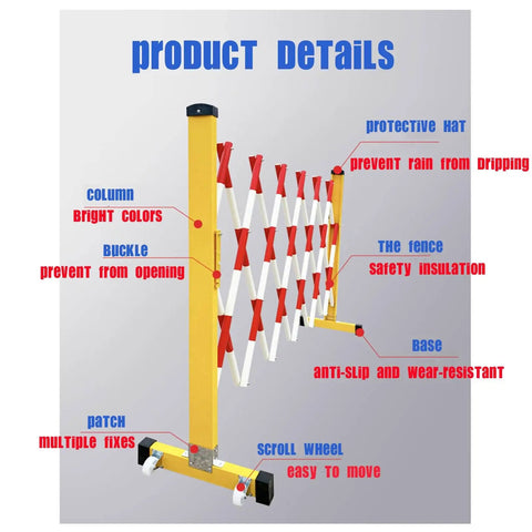 Flexible Expandable Safety Fence With Smooth Rolling Casters For Crowd Control And Room Dividing Hella Durable Telescopic Guardrail Gate with bright colors and anti-slip base.