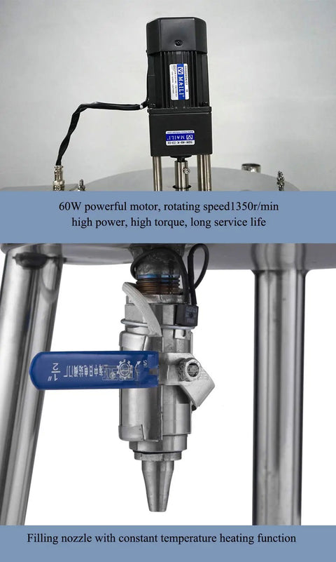 Plug And Play Commercial Filling System With Built In Heater And Stirrer For Creams Lotions Honey Pumping High Octane Workflow Straight Up Reliable 100 Gallon Tank, featuring a 60W motor and filling nozzle.