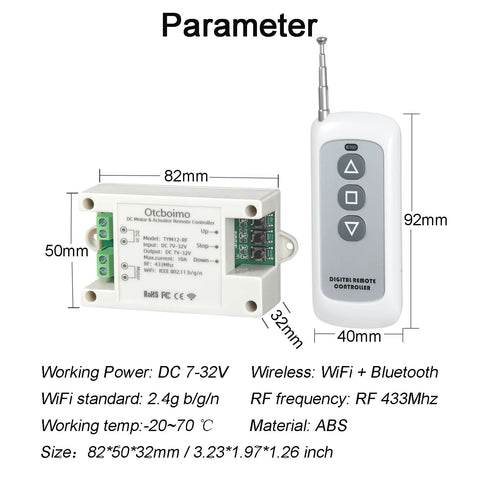 Front view of white DC7-32V WiFi smart actuator motor controller with green terminal block and RF remote.