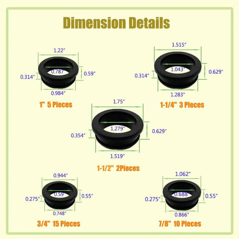 35 Piece Top Hat Rubber Grommet Kit Built Tough Five Sizes Three Quarter Inch Seven Eighth Inch One Inch One And A Quarter Inch One And A Half Inch Silicone High Temp Flame Resistant Grommets For Wiring Firewall Holes Cable Bushing And Irrigation dimension chart