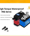 Heavy Duty 7Kg Metal Digital Servo Motor Featuring Bulletproof Gearing And Smooth Coreless Action Designed For Radio Control Cars Buggies Robots And Fixed Wing Aircraft showing dual servo with waterproof features.