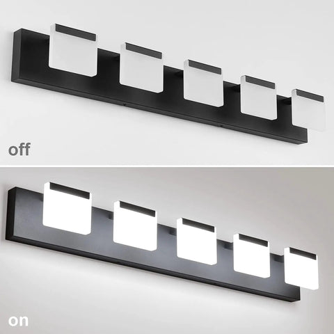 Five Light Matte Black LED Vanity Light Fixture With Acrylic Panels For Bathroom Mirror Cabinet Powder Room And More Dope Modern Sleek Fixture For Bedroom Living Area showing on and off settings