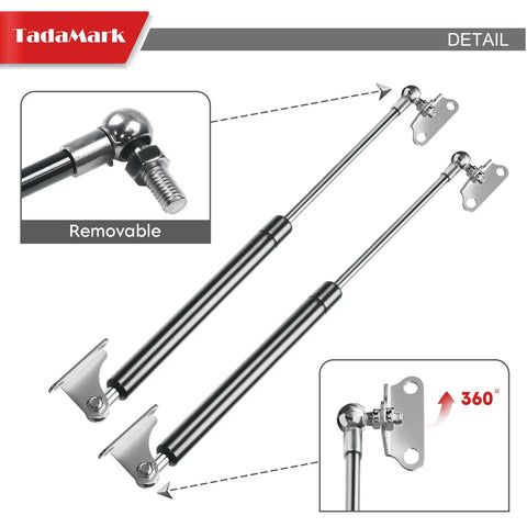 Rugged Gas Struts With Mounting Brackets 17 Inch Lift Supports, close-up showing removable ball joint and mounting bracket details.