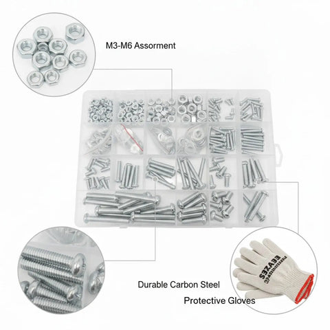M3 To M6 Carbon Steel Screw Nut And Washer All In One Kit with Storage Box and Work Gloves for DIY Projects