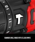 Close-up of V20 Cordless Hammer Drill Kit With Half Inch Ratcheting Chuck, 25,500 BPM, showing drill mode selector.