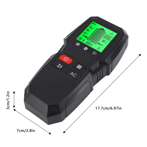 YDuupxe Wall Scanner 5 in 1 Wood Metal Wire Detection Tool with green display, handheld design, 7cm width and 17.7cm length.