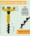 Cordless Electric Post Hole Digger with 11 by 3 Inch Auger Bit for Fence Posts, garden, farm use, showing drill size and weight.