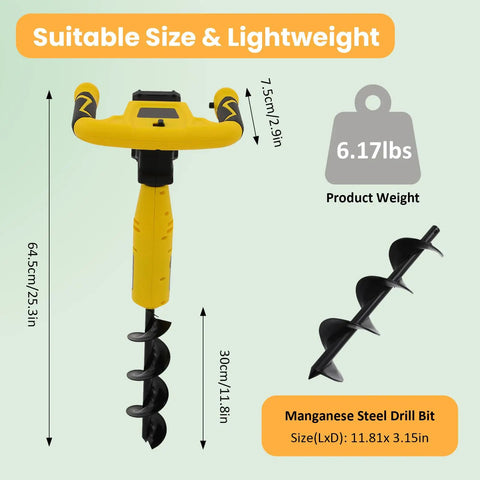 Cordless Electric Post Hole Digger with 11 by 3 Inch Auger Bit for Fence Posts, garden, farm use, showing drill size and weight.