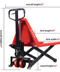 Heavy Duty Manual Scissor Pallet Jack Truck With A Breezy 3300 Pound Lift Capacity And Straight Forward Hydraulic Pump, shown from the side with dimensions 62x47x31 inches.