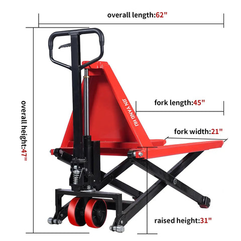 Heavy Duty Manual Scissor Pallet Jack Truck With A Breezy 3300 Pound Lift Capacity And Straight Forward Hydraulic Pump, shown from the side with dimensions 62x47x31 inches.