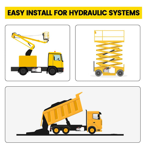 Easy install hydraulic systems for lifting equipment shown with yellow crane, lift platform, and dump truck graphic illustration.