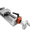 Manual Linear Stage Sliding Table With Digital Readout Z Axis T Type Screw Double Rail 12 Inch Stroke 300mm Travel Heavy Duty 220lb Load Capacity For Engineering Lab Teaching And DIY Projects, close-up showing lead screw and handle