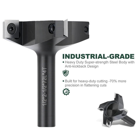 CNC Spoilboard Surfacing Router Bit With 1/2 Inch Shank 2-1/2 Inch Cutting Diameter 4 Wing Carbide Planing Bit shown front view.