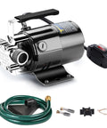 Tiny But Mighty Portable Water Transfer Pump 1/10 HP 330 GPH 115 Volt with On Off Switch and Hose Kit on white background.