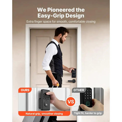Matte Black Fingerprint Door Lock Set With Easy Grip Lever And Advanced Biometric Scanner For Hassle Free Keyless Entry, easy-grip design showcased.