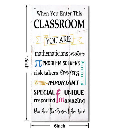 Motivational Classroom Sign Decor For Your Entrance Hanging Wood Sign with text highlighting math and leadership qualities.