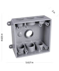 Two-Gang Weatherproof Electrical Box With Seven Half Inch Or Three Quarter Inch Threaded Outlets Two Inch Deep Gray Heavy Duty PVC Construction For Outdoor Electrical Installations, showing multiple outlet openings