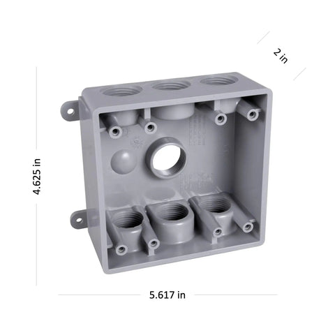Two-Gang Weatherproof Electrical Box With Seven Half Inch Or Three Quarter Inch Threaded Outlets Two Inch Deep Gray Heavy Duty PVC Construction For Outdoor Electrical Installations, showing multiple outlet openings
