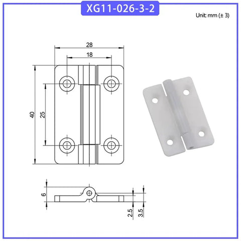 Damping positioning folding cabinet hinge, silver metal; four-hole mounting plate, front drawing with dimensions and hinge photo.